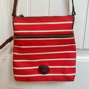 Dooney & Burke Tangerine & White Canvas Cross Body Bag w Leather Trim. 11x10x3